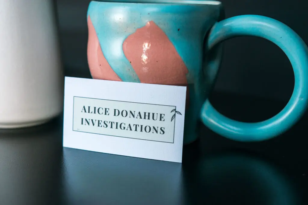 Alice Donahue Investigations mug and cards