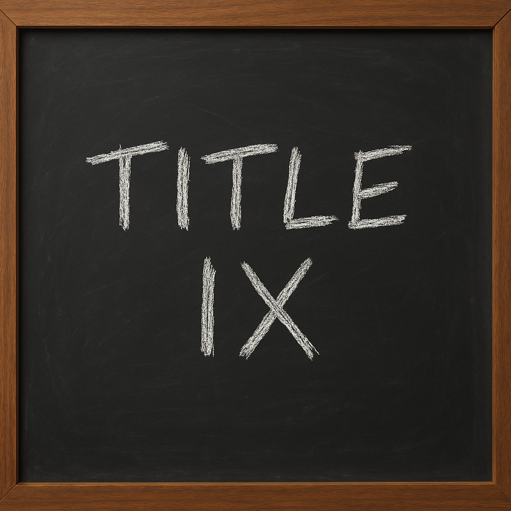 Title IX written on a chalkboard in a school
